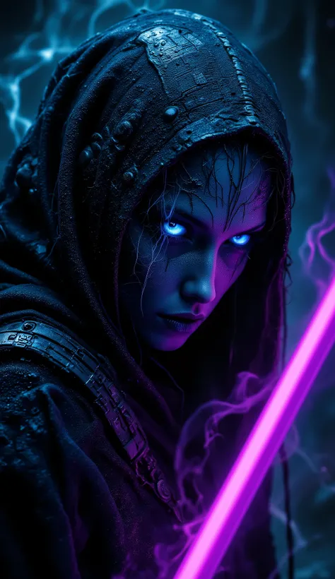 depth of field, focused subject, close up, 1girl, demon face, solo, black jedi robe, glowing hair, looking at the viewer, heterochromia eyes, neon color palette, holding neon sword, eerie, dynamic lighting, shadows, silhouette, ghost in armor, dynamic angl...