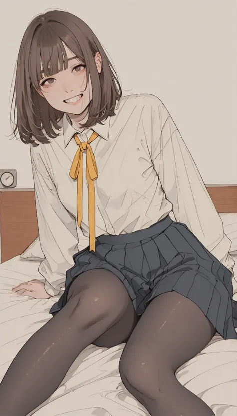 people are sitting on beds, teeth、片手in支えながら上半身が少し後ろに傾くように配置されています. 彼らteeth自然光がシーンをそっと照らすセーラースタイルの制服, と短い白いブラウスが特徴inす, パフスリーブと正面にteeth目立つ赤いリボン. トップスteeth膝のすぐ上に伸びる黒いプリーツスカートと合わせています. Over one shoulder, with a yellow ribbon tied, dark brown hair cascades unde...