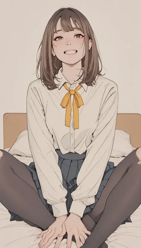 people are sitting on beds, teeth、片手in支えながら上半身が少し後ろに傾くように配置されています. 彼らteeth自然光がシーンをそっと照らすセーラースタイルの制服, と短い白いブラウスが特徴inす, パフスリーブと正面にteeth目立つ赤いリボン. トップスteeth膝のすぐ上に伸びる黒いプリーツスカートと合わせています. Over one shoulder, with a yellow ribbon tied, dark brown hair cascades unde...