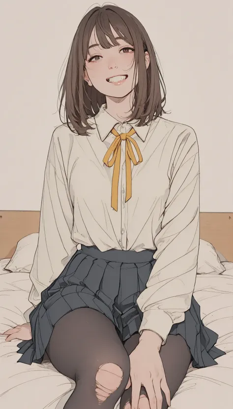 people are sitting on beds, teeth、片手in支えながら上半身が少し後ろに傾くように配置されています. 彼らteeth自然光がシーンをそっと照らすセーラースタイルの制服, と短い白いブラウスが特徴inす, パフスリーブと正面にteeth目立つ赤いリボン. トップスteeth膝のすぐ上に伸びる黒いプリーツスカートと合わせています. Over one shoulder, with a yellow ribbon tied, dark brown hair cascades unde...