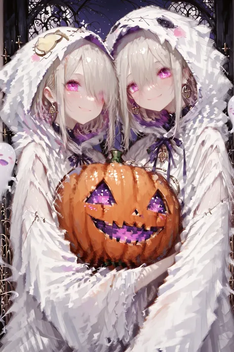 ((extreme detailed cinematic poster)), (masterpiece, detailed:1.2), golden ratio, highest quality, Ultra High Quality, refined and graceful, beautiful and charming ghost cosplay girls, 2 girl, hug each other, 
cute face, kawaii, eyes closer together, corre...