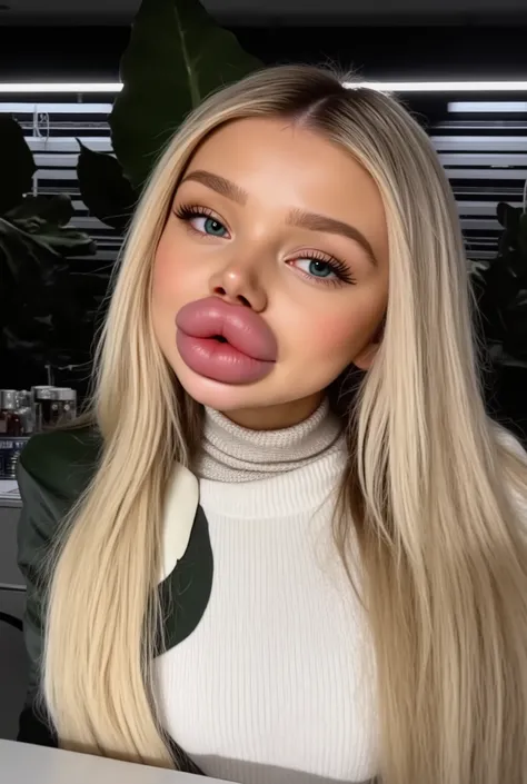 Ultra-realistic front view portrait of a super cute young woman in her 20s with platinum blonde hair with black roots. She has a cute face and long eyelashes. Her facial features are huge fake round bimbo lips, glossy and overfilled, and she has round chee...