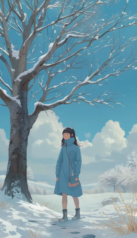 There is a woman standing under a tree in the snow, Artwork in the style of guweiz, beautiful anime portrait, Beautiful, Digital anime illustration, Guweiz active on Pixiv and Artstation, Portrait of Rofi, various poses by guweiz, Trending with Art Storie...