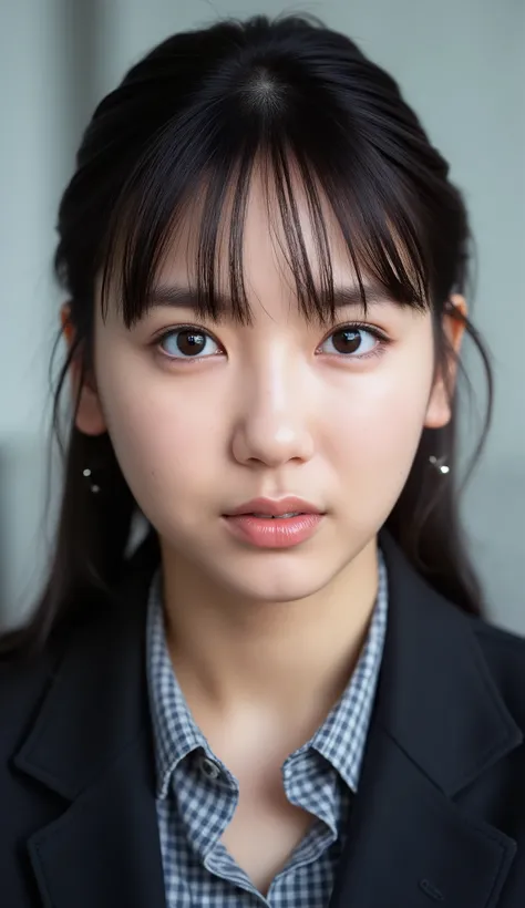 Neat Young Woman、looking at the camera、office lady suit、jacket、shirt、Ear piercings、has bangs 、dark eyeshadow、、No expression、has closed its mouth、face close-up、The background is office
