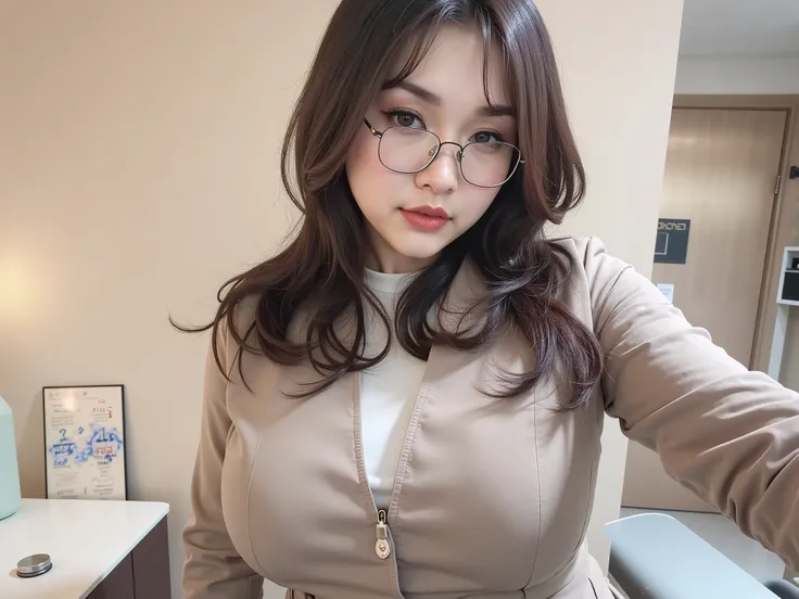 A high-resolution cinematic photograph of a 30-year-old Japanese woman seated in a waiting chair row inside an examination hall moments before questions are distributed, her East Asian features illuminated by soft neutral overhead lighting; she wears a bei...