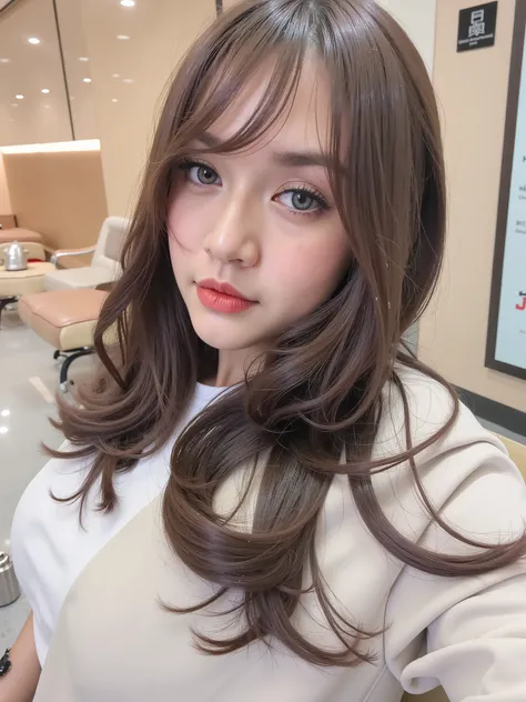 A high-resolution cinematic photograph of a 30-year-old Japanese woman seated in a waiting chair row inside an examination hall moments before questions are distributed, her East Asian features illuminated by soft neutral overhead lighting; she wears a bei...