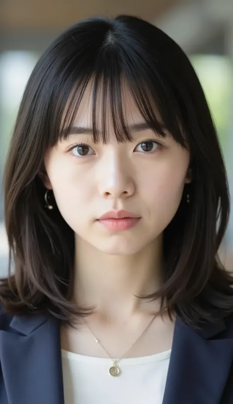 Neat Young Woman、and look at the camera、office lady suit、jacket、shirt、necklace、、ear piercing、前髪あり、No expression、has closed its mouth、顔のクローズアップ、The background is office