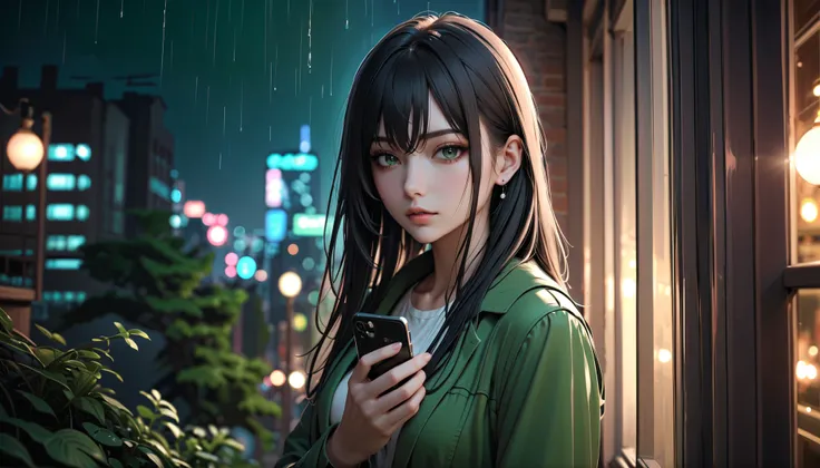 Alice character style: black straight long hair, moss green eyes, fair skin, calm but mysterious expression, slender and elegant build, wearing modern stylish outfits with subtle dark tones (black, gray, deep green), cinematic anime realism, ultra detailed...