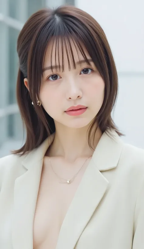 Neat Young Woman、and look at the camera、office lady suit、jacket、shirt、necklace、、ear piercing、前髪あり、No expression、has closed its mouth、顔のクローズアップ、The background is office