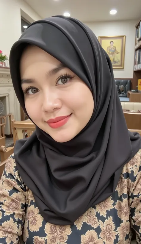 hyper HD, Masterpiece, Textured skin, 4K, Best quality of potrait a Beautiful hijab asian woman white fairy skin wearing kebaya outfit , perfect veil hijab muslimah style, detail scarf , close-up half body , happy vibes, beauty smile open mouth showing te...