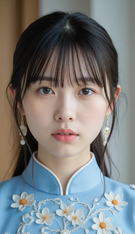 8k、Ultra Precise Rendering、Pictureの品質、 Top quality , Picture, detail eyes、 intricate details ,RAW Picture、natural makeup、Sparkling eyes、cute face、、very white skin、thin waist、blue daffodil, with elaborate and detailed embroidery all over , to reach the cli...