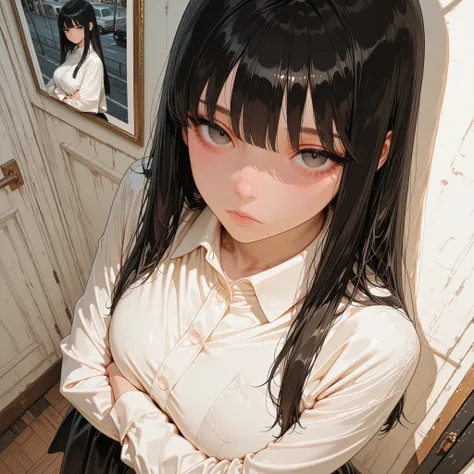 Huge picture quality, viewer looking, ultra HD, super cute, cute look, teenage girl look, black straight hair, expressionless, black H skirt, bright white dress shirt, expressionless, high angle, big chest, arms crossed
