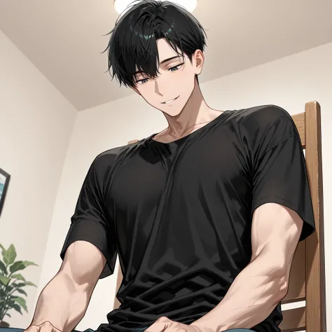 base, 8k, best quality, detailed, high resolution, master piece, 1 boy, black short hair, black t-shirt, gentle smile, looking down, parted lips, sitting on chair, upper body, male focus, modern living room, from below, simple background
