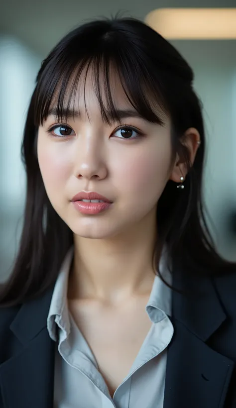 Neat Young Woman、looking at the camera、office lady suit、jacket、shirt、Ear piercings、has bangs 、dark eyeshadow、、No expression、has closed its mouth、face close-up、The background is office
