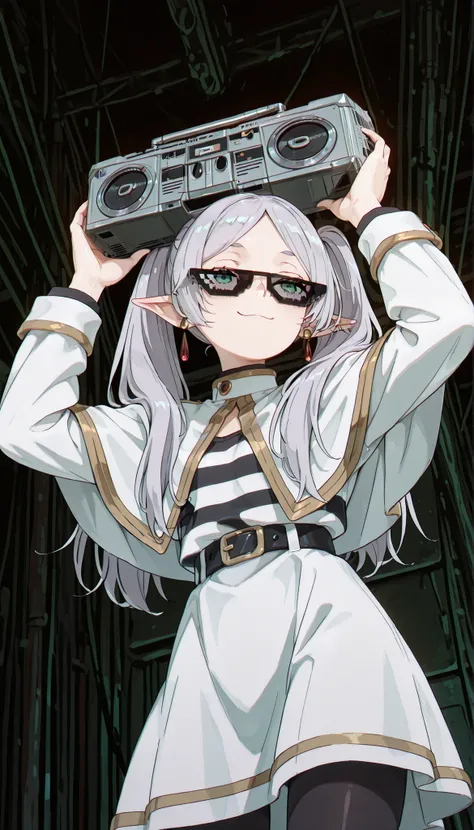 grey hair, long hair, green eyes, twintails, parted bangs, earrings, pointy ears, striped shirt, white capelet, black belt, white skirt, long sleeves, black pantyhose, dealwithit_glasses, sunglasses, smug,  holding boombox, large retro boombox, (((holding ...