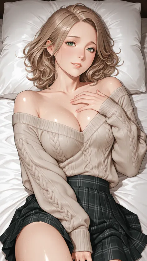 lies in bed、Milf woman with light brown hair and green eyes. she has a cream-colored, Oversized sweater partially pulled up to partially expose the chest, and、dark green and black plaid skirt. Her expression is playful、inviting, A slight smile and flushed ...