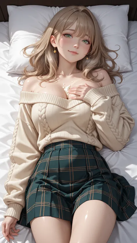 lies in bed、Milf woman with light brown hair and green eyes. she has a cream-colored, Oversized sweater partially pulled up to partially expose the chest, and、dark green and black plaid skirt. Her expression is playful、inviting, A slight smile and flushed ...