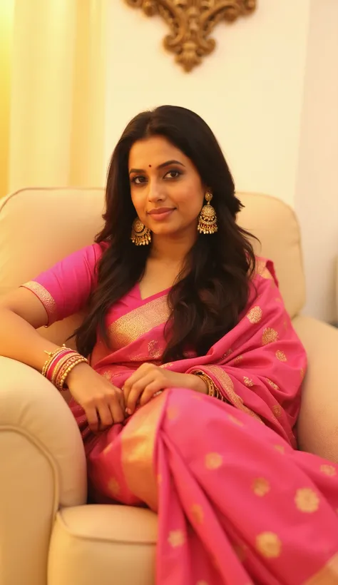 An Indian woman with long, wavy dark hair and a light brown complexion rocks a traditional, eye-popping pink and gold saree. She's chilling in a plush, cream-colored armchair, decked out with gold bling, including a necklace and bangles. The background is ...