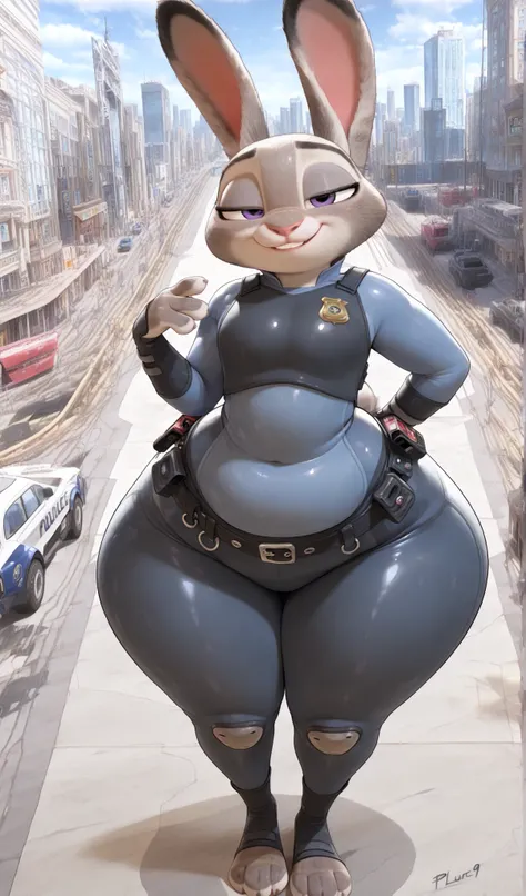 score_9, score_8_up, score_7_up, 1girl, solo, Judy Hopps from Zootopia, Police Uniforms, ( plump:1.6),thick thighs,blushing,(wide hips:1.4),thick arms,hand behind your back,Light Blue Inner,an object in the shape of dark blue pants,black belt,(long legs:1....