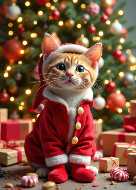 white Japanese slim cat in Christmas costume wearing Santa boots、Adult cat、big eyes、View Here、Full Body、サンタのブーツを穿いている、Christmas tree、sweets、Christmas Present