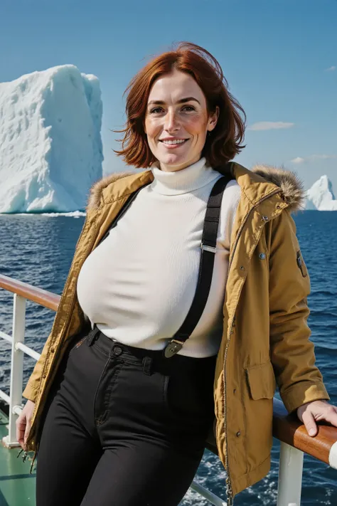 A polar expedition is sailing in the Arctic coastal waters. close-up picture of Margaret on the deck of a ship, leaning her back against the railing. Looking in the camera with a bit of a smile. Auburn hair, brown eyes. Behind her a massive iceberg rises f...