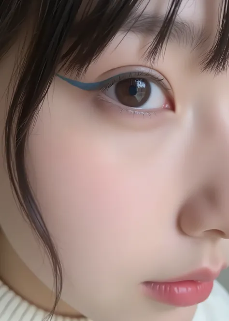 face close-up、Extremely cute Japanese girl showing fair skin,I'm drawing it with a light blue eyeliner、taken from an oblique front、The entire face is in focus on the eye in the foreground、very real, This is a very detailed digital photo、 taken by a profes...