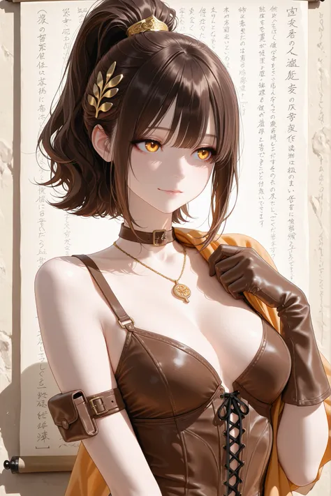 A stunning anime-style illustration of a young woman with long, flowing dark brown hair tied in a high ponytail, adorned with a golden hair ornament. She has captivating amber eyes and a thoughtful expression. She wears rustic, earthy-toned attire, includi...