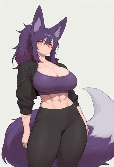 gorgeous kitsune girl, beautiful face, kitsune, purple color hair, hunter girl, orange eyes, slit pupils, volputrous body, covered breasts, curvy and athletic, fox ears, ponytail hair, black jacket, black pants, fox tail, strong female, abs, cleavage, scar...