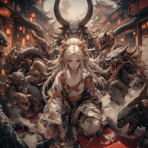  masterpiece, (Highest Quality,  High resolution creation,4K, 8k),  Centipede Tail  、, ((Land of heroes)) , push、long hair、  Blonde  、 braids 、  Japanese Kimono、yukata、 perfect face 、 masterpiece, anatomically accurate , Highest Quality, textured skin,  Fi...