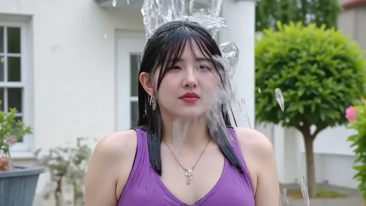In the back garden of a house, Ikumi, wearing a purple satin dress, a delicate necklace, earrings and makeup including lipstick and sparkly eye shadow is absolutely soaked by a colossal cascade of water falling onto her head from off screen. The water land...