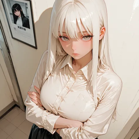Huge picture quality, viewer-viewing, ultra HD, super cute, cute look, teenage girl look, white straight hair, expressionless, black H skirt, bright white dress shirt, expressionless, high angle, big chest, arms crossed, office background at work