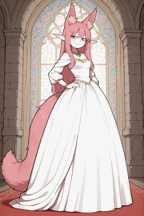 hentamonn,masterpiece , best quality , amazing quality , very aesthetic, white skin, tall girl, adult, rounded elf ear, yellow eye, cold look, pink hair, straight hair, bangs, sharp canines, big fluffy fox tail, fox ears, smug smile, princess, jewelry, dre...