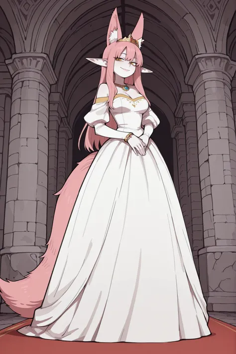 hentamonn,masterpiece , best quality , amazing quality , very aesthetic, white skin, tall girl, adult, rounded elf ear, yellow eye, cold look, pink hair, straight hair, bangs, sharp canines, big fluffy fox tail, fox ears, smug smile, princess, jewelry, dre...