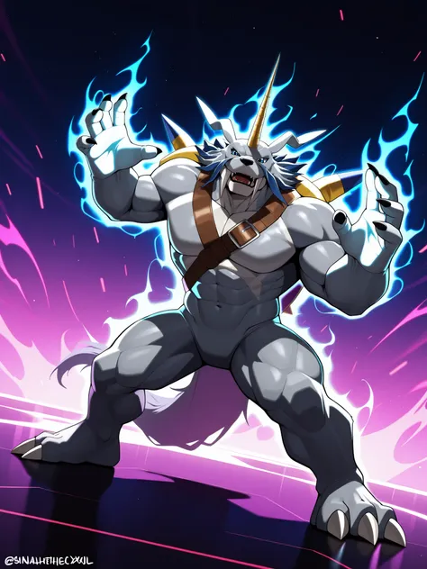 digimon (creature), signal horn, fangs,,Zudomon, digimon (creature),bald,gray body, furry male,((5 fingers:1.5)),,highres, hi res, best quality, masterpiece, intricate details, absurdres, 4k,, semi realistic, cartoon,
1boy, mature male, furry,full shot, en...