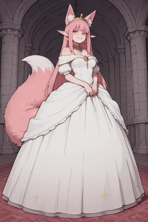 hentamonn,masterpiece , best quality , amazing quality , very aesthetic, white skin, tall girl, adult, rounded elf ear, yellow eye, cold look, pink hair, straight hair, bangs, sharp canines, big fluffy fox tail, fox ears, smug smile, princess, jewelry, dre...