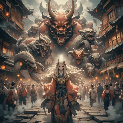  masterpiece, (Highest Quality,  High resolution creation,4K, 8k),  Centipede Tail  、, ((Land of heroes)) , push、long hair、  Blonde  、 braids 、  Japanese Kimono、yukata、 perfect face 、 masterpiece, anatomically accurate , Highest Quality, textured skin,  Fi...