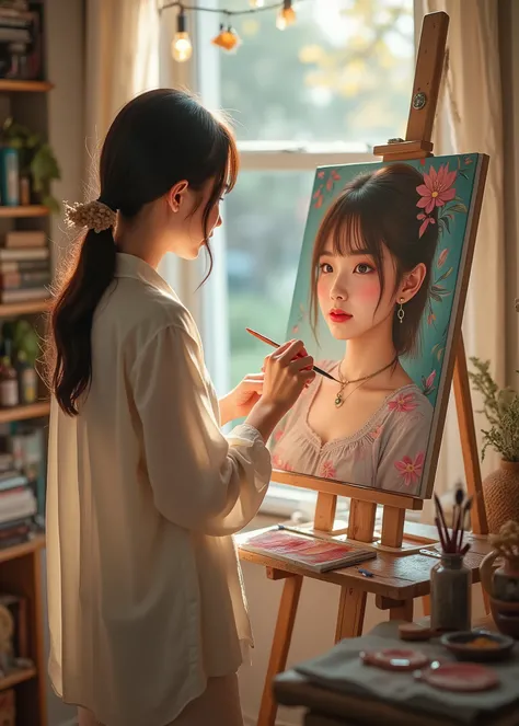 Ultra realistic image of a woman standing I'm drawing a picture of a girl , A colorful and detailed picture of a pretty girl is drawn on a vertical easel、 The paint and brushes are neatly arranged , She draws the brush . She's cozy , ...