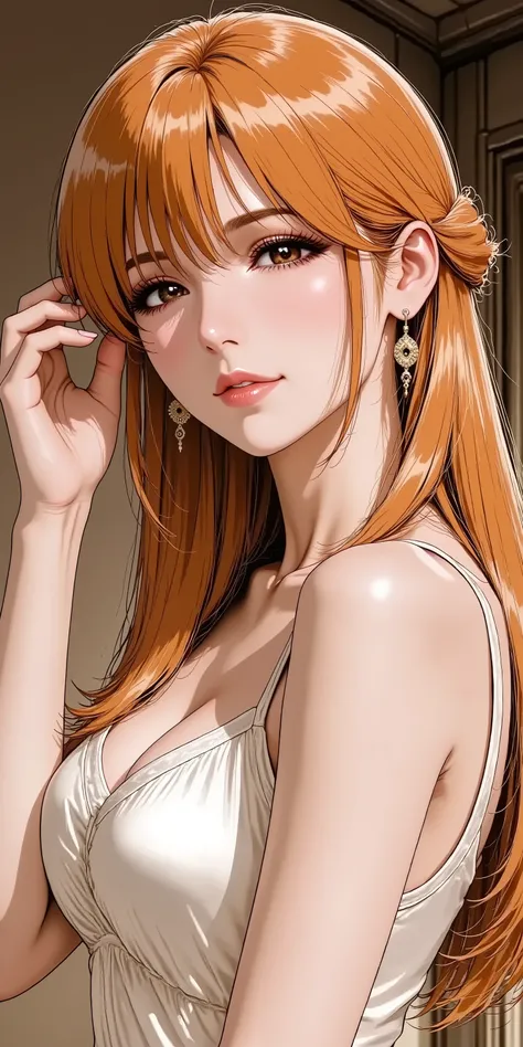 An enchanting solo woman in her 30s, depicted in a sophisticated realistic style. side angle, She has lustrous, long golden-blonde hair flowing elegantly with bangs, and long slender legs. She wears alluring, refined makeup with defined eyes and glossy nud...
