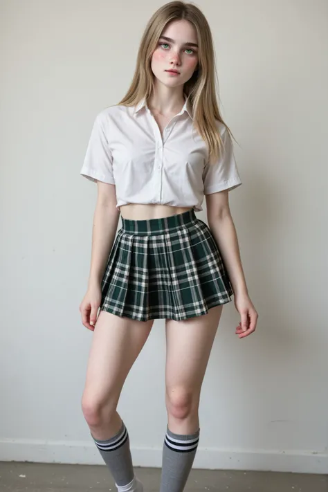 A (gorgeous schoolgirl:1.5), posing in front of a grey wall, full subject in view, studio photoshoot, in perfect lighting, centered framing, neutral background, minimalism.
(Teenage girl:1.3), teenage student, (dirty blonde hair:1.3), (perfect hair:1.3), ...