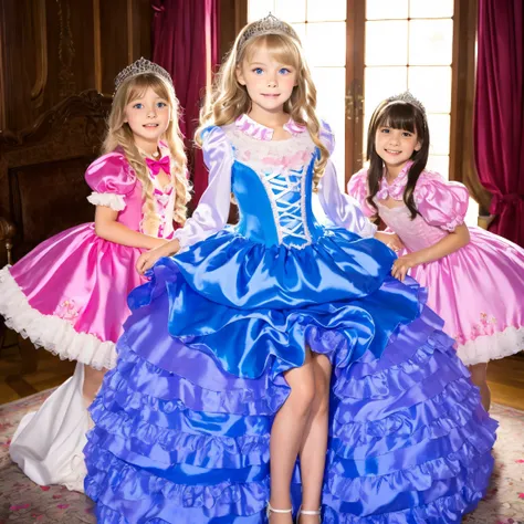 European Girls,10 years old, full body,3 princess girls,Blonde long hair,blue eyes,10 years old,((purple silk satin princess dress,pink silk satin princess dress,pink silk satin princess dress with large ruffle yoke collar,puff sleeve to put on your stomac...
