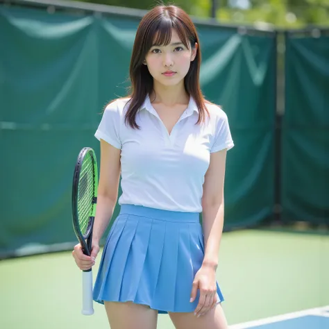 sweaty Japanese idol、Club activity tennis match during game、White and Blue Pleated Miniskirt、deep v-neck light blue tight polo shirt with wide chest opening is a polo shirt that is quite wet from sweat：1.6、 Fabric transparent with sweat 、toned athletic bod...