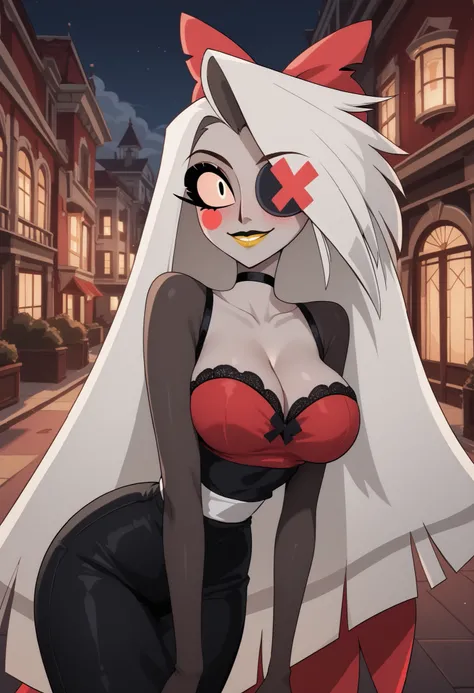 woman, anime style, yellow lipstick, large breasts, dark gray skin, white eyes, white hair, long hair, hotel, bangs covering one eye, red bow, happy, blushing, side view, focus on character, looking at viewer, wide hips, cleavage, Vaggie, hazbin Hotel, Red...