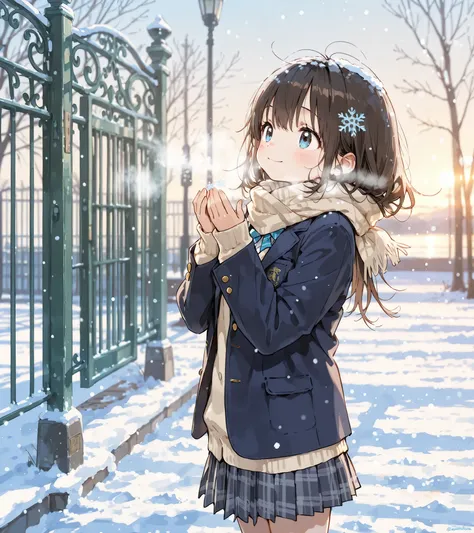 (masterpiece, top quality, super detailed), best illustration, (wonderfully cute),1girl, anime style, school uniform, blazer, winter scene, first snow, standing outside school gate, smiling softly, cold breath visible, light blush on cheeks, snowflakes fal...