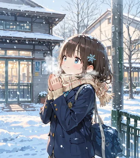(masterpiece, top quality, super detailed), best illustration, (wonderfully cute),1girl, anime style, school uniform, blazer, winter scene, first snow, standing outside school gate, smiling softly, cold breath visible, light blush on cheeks, snowflakes fal...