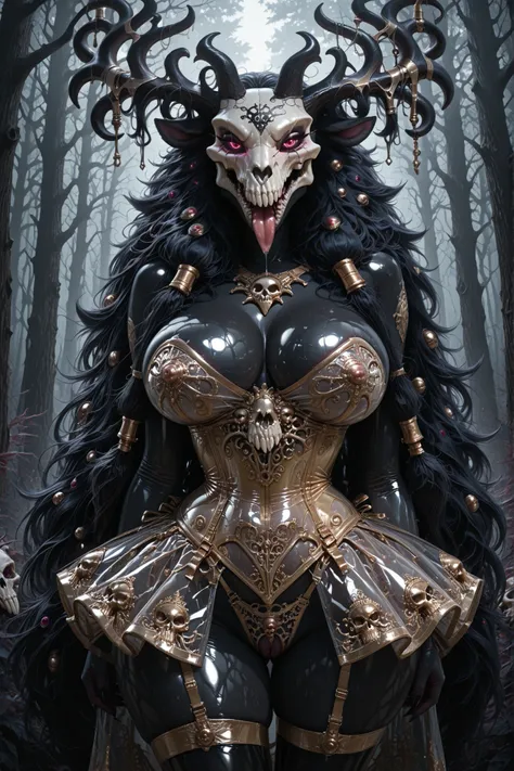 hud_skl_crst, gold corset, skirt, panties, see-through, strapless, skulls, Realistic, highres, super high resolution, 8k, photo, anthro, furry, furry, anthro, fur, tail, detailed fur, detailed,,full body stading, TPvolibear, white Skull Head, Antlers,see-t...