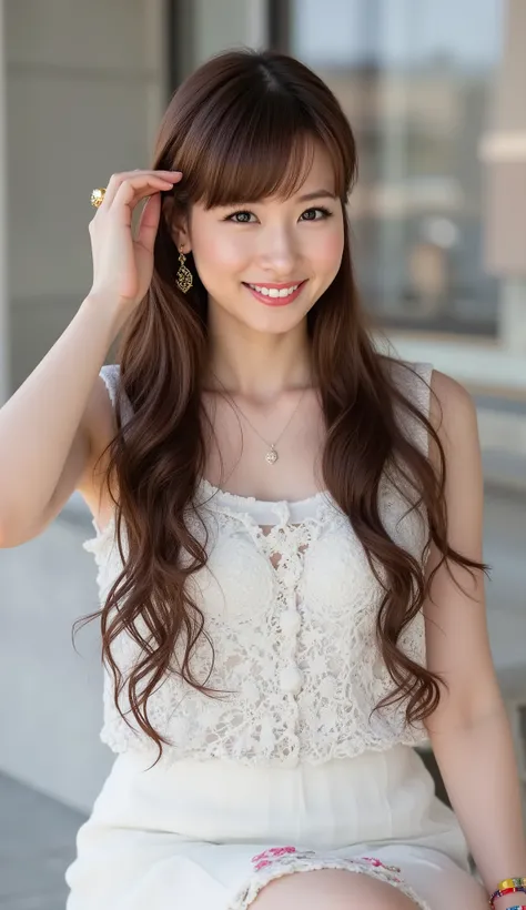 petite female、(((Shot in full shot:1.5)))、(((ultra low angleで彼女を映す:1.2)))、(((She's Smiling:1.3)))、、 she rides a deer colored horse  、beautiful irises、Beautiful Tall Nose、sexy thick lips、long brown hair、wet skin、(((small breasted、big areolas、、、Beautiful nav...