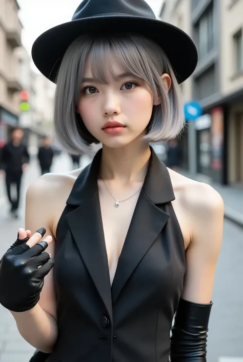 Whole body expression、Japanese、21 years old、woman、Beautiful Girl、Gray hair bob cut、 wearing gloves made of iron 、It covers up to the upper arm 、 the tip of the finger is pointed 、Black hatを被っている、 wearing a sleeveless tuxedo 、The background is the city、