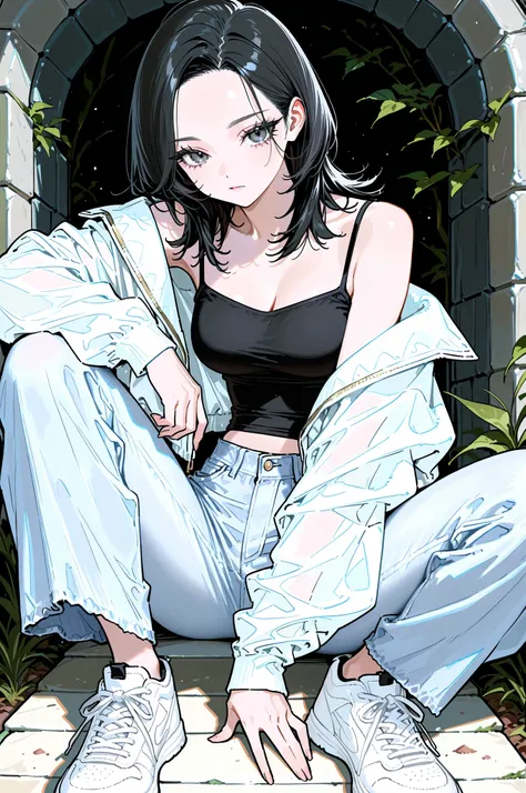 1girl, medium hair, layered style hair, wolfcut, ((black hair:1.5)), forehead, black gray eyes, long eyelashes, well-groomed eyelashes, medium breasts, wearing white crop jacket, ((black inner camisole)), light denim wide pants, white sneakers, girly aesth...