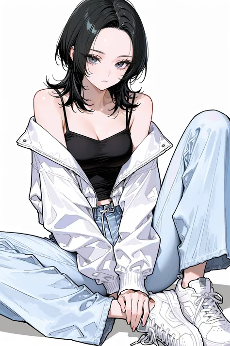 1girl, medium hair, layered style hair, wolfcut, ((black hair:1.5)), forehead, black gray eyes, long eyelashes, well-groomed eyelashes, medium breasts, wearing white crop jacket, ((black inner camisole)), light denim wide pants, white sneakers, girly aesth...
