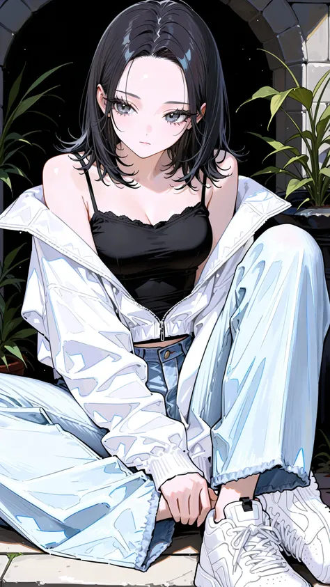 1girl, medium hair, layered style hair, ((black hair:1.5)), forehead, black gray eyes, long eyelashes, well-groomed eyelashes, medium breasts, wearing white crop jacket, ((black inner camisole)), light denim wide pants, white sneakers, girly aesthetic
